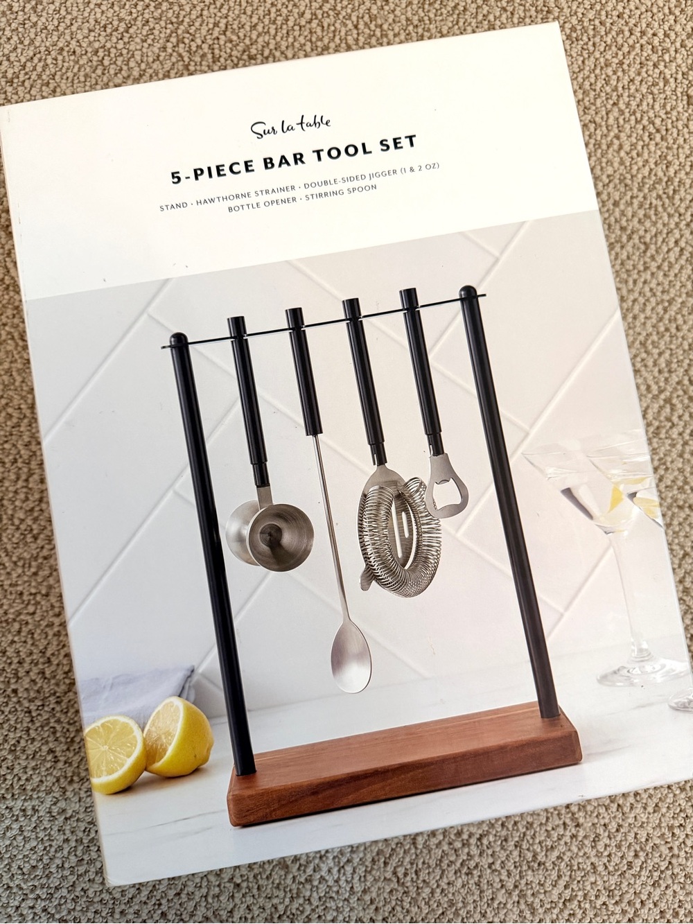Sur La Table Black and Wood 5-Piece Bar Tool Set with Stand